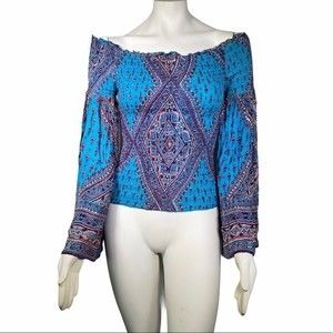Altar’d State Blue Off Shoulder Bell Sleeve Top Pullover Medium